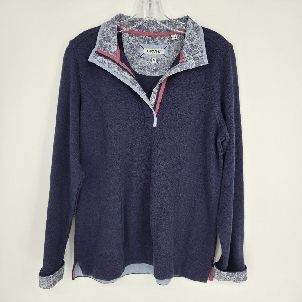 Orvis Womens Pullover Sweater Blue Floral Trim Small Cotton Fall Fashion Collar
